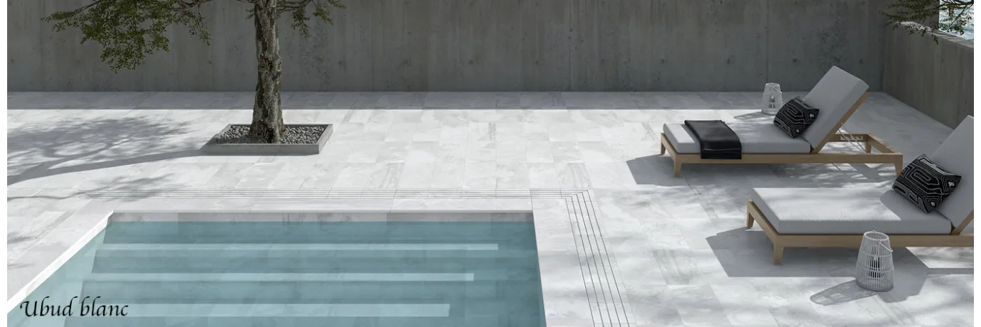 Carrelage piscine effet Pierre de Bali Ubud blanc pour l 'extérieur et l'intérieur de la piscine