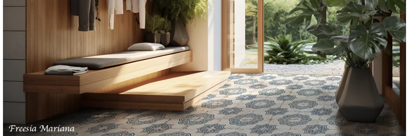 Carrelage sol effet carreaux de ciment Freesia Mariana blanc, vert, bleu thème florale pour le hall d'entré