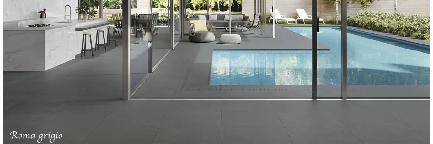 Carrelage intérieur sol effet pierre Roma grigio couleur gris anthracite pour la cuisine et le salon style futuriste