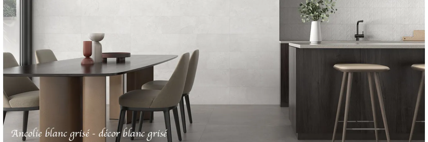 Carrelage mur Ancolie blanc grisé pour le mur de la cuisine style design