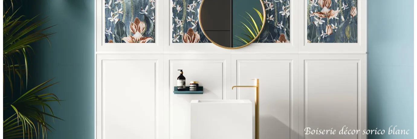 Carrelage mur Boiserie décor sorico blanc pour la salle de bain style zen 