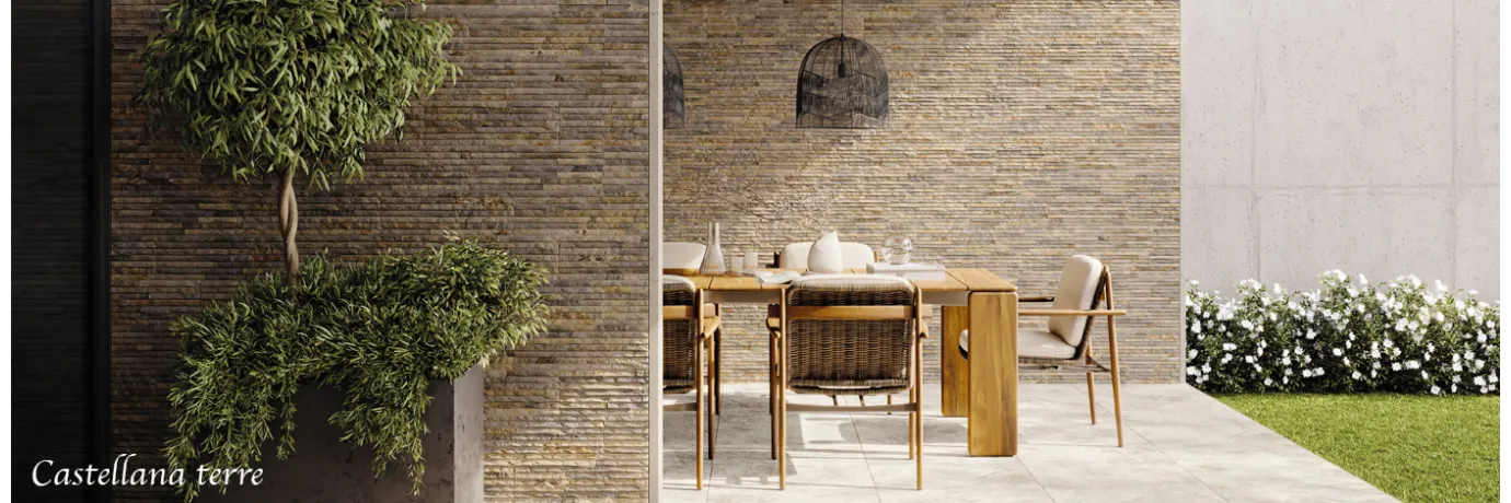 Carrelage effet parement Castellana terre couleur marron beige pour le mur extérieur de la terrasse