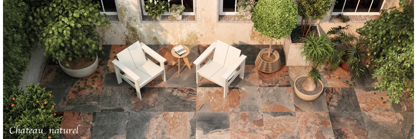 Dalle extérieur Chateau 2.0 naturel R11 dans les tons marron orange cuivré mix pour la terrasse