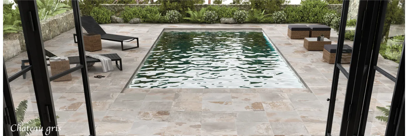 Dalle extérieur Chateau 2.0 Gris blanc beige pour le contour de la piscine