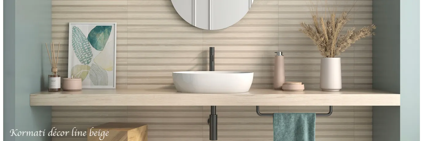 Carrelage salle de bain décor bois couleur beige Kornati pour le mur. Carrelage salle de bain décor bois couleur beige Kornati pour le mur.