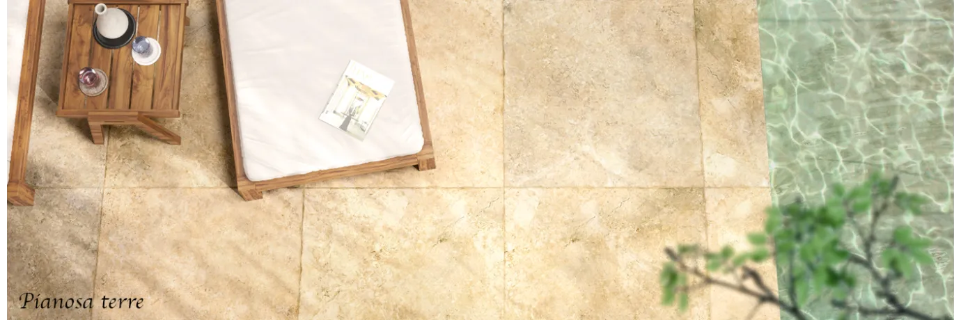 Carrelage extérieur effet pierre de travertin Pianosa terre pour la terrasse