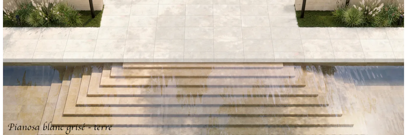 Carrelage extérieur effet pierre de travertin Pianosa terre et blanc grisé pour la piscine