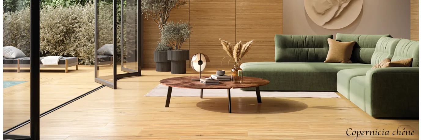 Carrelage intérieur effet bois Copernicia chêne pour le sol du salon