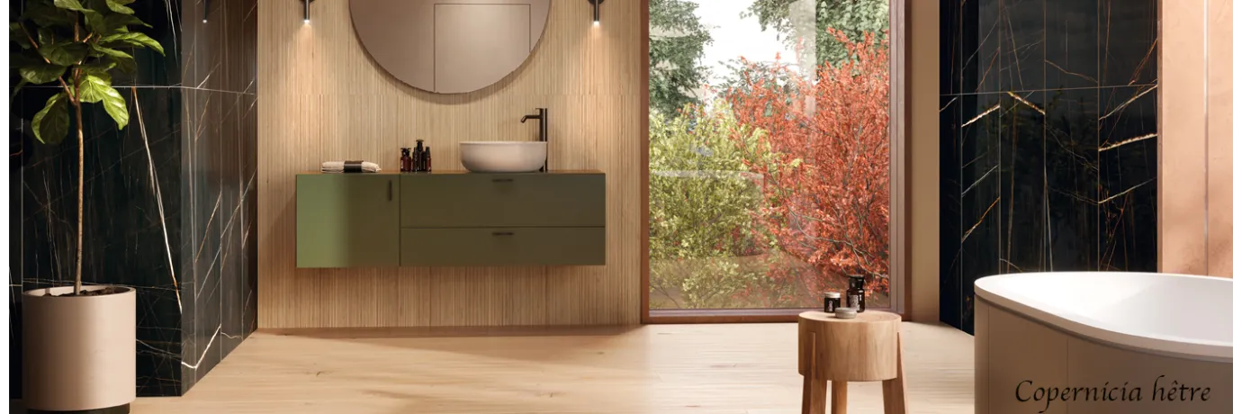 Carrelage intérieur effet bois Copernicia hêtre pour le sol de la salle de bain
