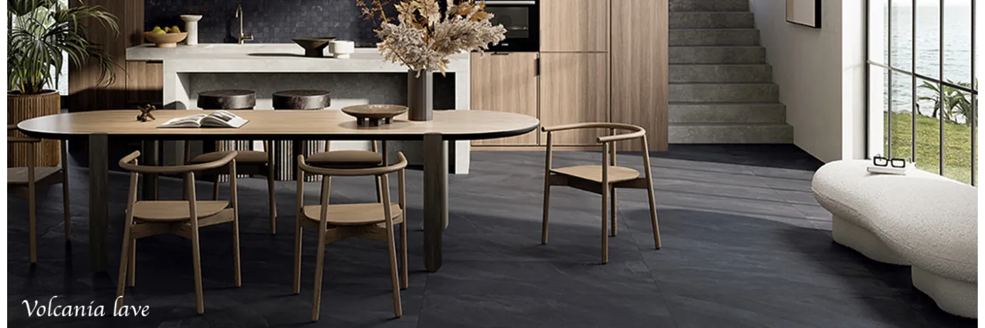 Carrelage intérieur effet pierre volcania lave couleur noir pour la cuisine 