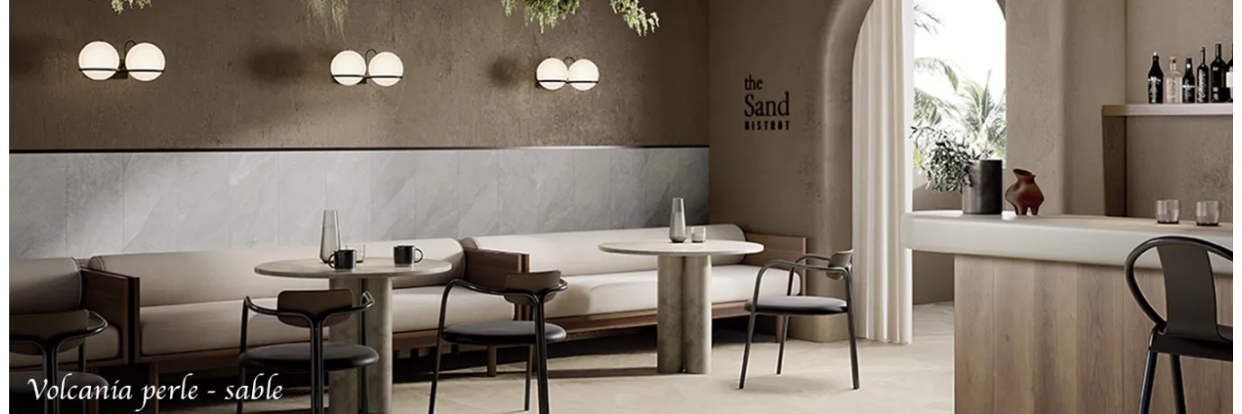 Carrelage intérieur effet pierre volcania perle et sable pour un restaurant