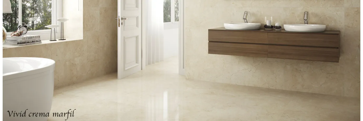 Carrelage sol brillant effet travertin Vivid marfil couleur beige pour le sol de la salle de bain