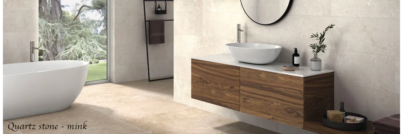Carrelage sol effet pierre Quartz mink et stone couleur beige pour le sol et mur de la salle de bain