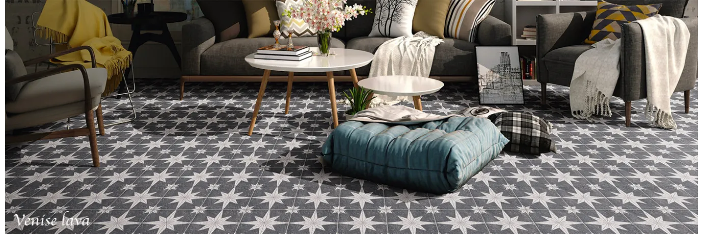 Carrelage sol effet carreaux de ciment Venise lava thème étoile gris anthracite et blanc pour le salon