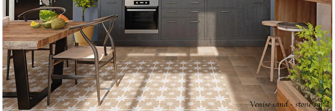 Carrelage sol effet carreaux de ciment Venise sand thème étoile beige pour la cuisine