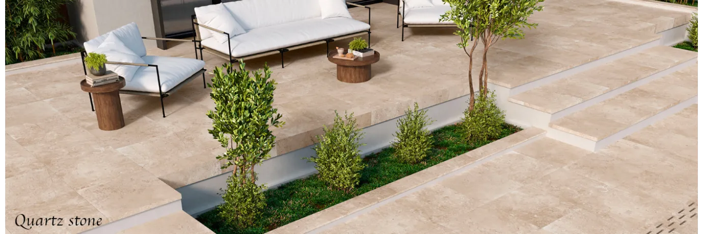 Carrelage sol extérieur effet pierre Quartz stone couleur beige pour la terrasse