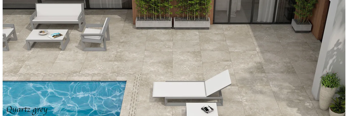 Carrelage sol extérieur effet pierre Quartz grey couleur gris pour le contour de la piscine