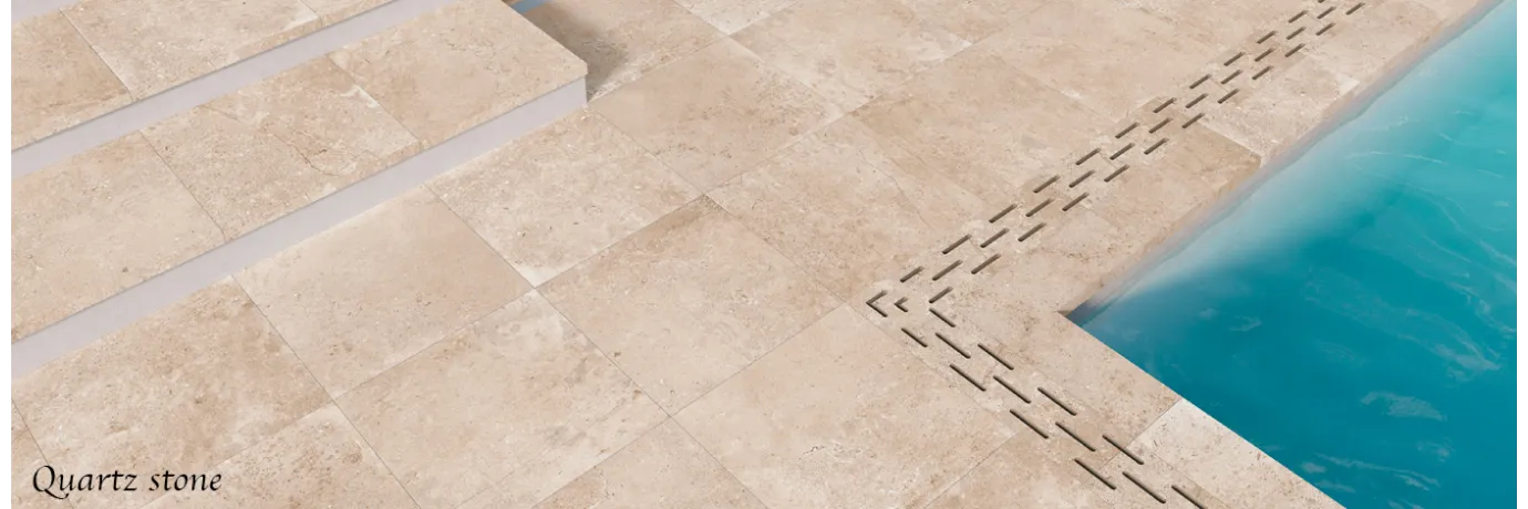 Carrelage sol extérieur effet pierre Quartz stonen couleur beige clair pour le contour de la piscine 