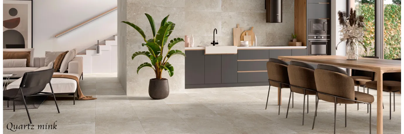 Carrelage sol effet pierre Quartz mink couleur blanc cassé pour la cuisine et le salon