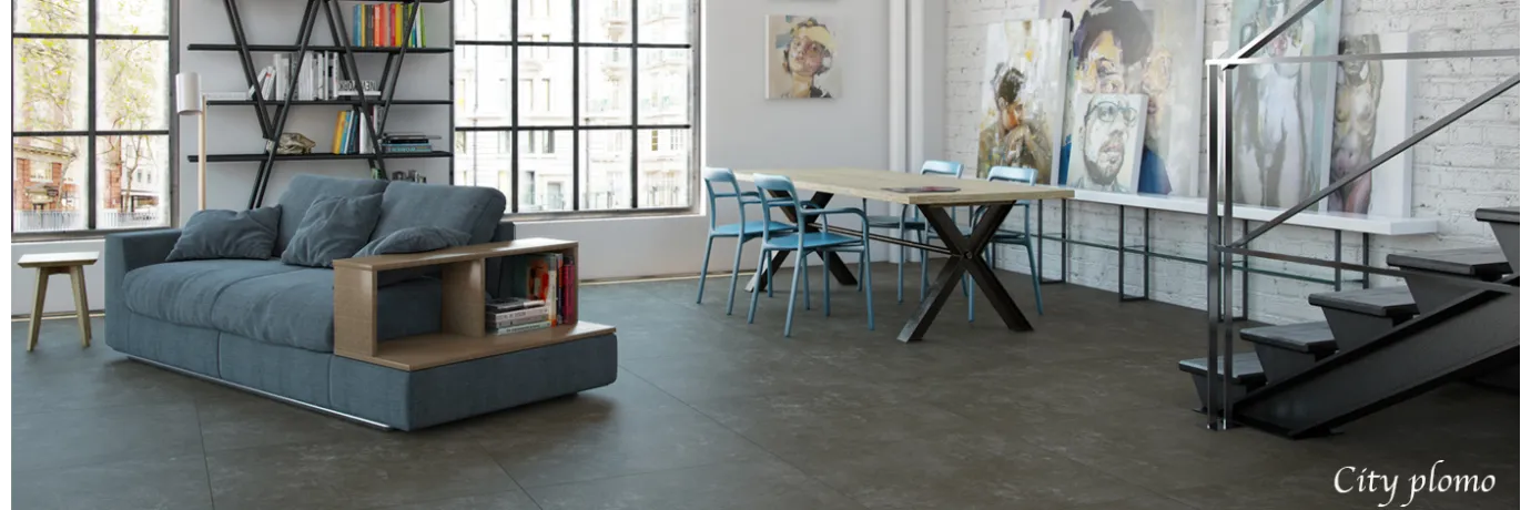 Carrelage sol moderne City plomo couleur gris foncé pour le sol du salon style déco industriel