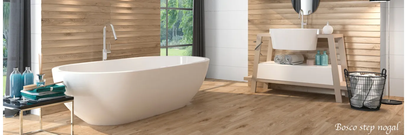 Carrelage mur Décor Bosco step nogal beige pour le mur de la salle de bain