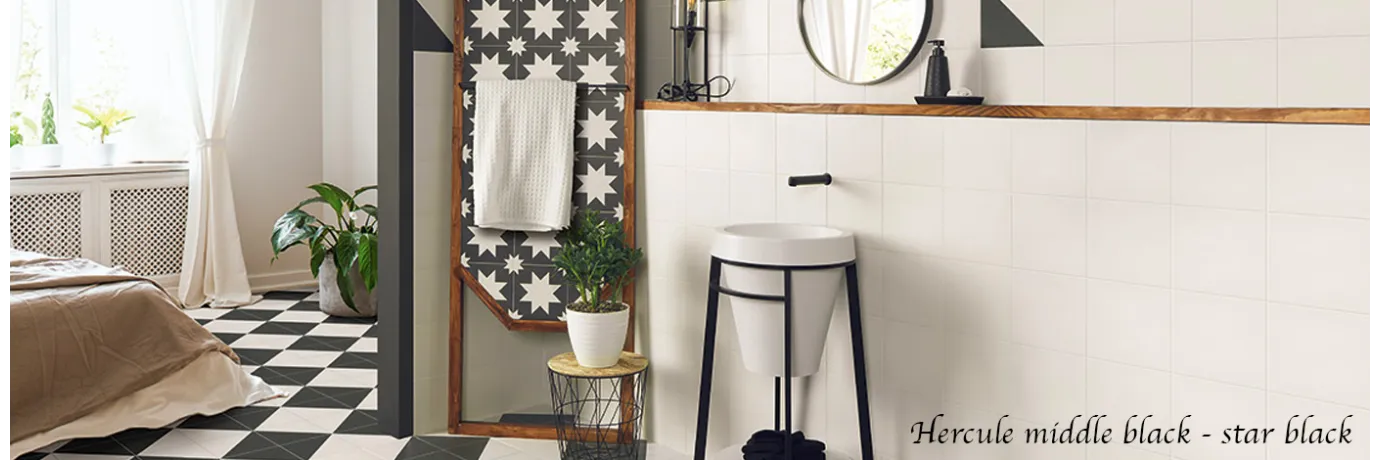 Carrelage sol effet carreaux de ciment Hercule Middle Black et star black pour le mur de la salle de bain