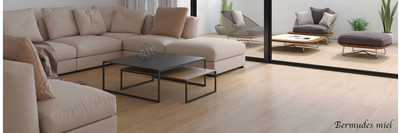 Carrelage sol imitation parquet Bermudes miel pour le salon 