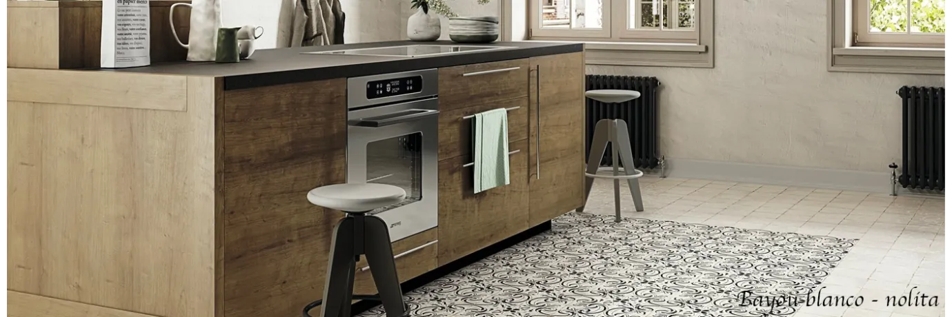 Carrelage sol effet carreaux de ciment Bayou Bianco et nerola blanc et noir pour la cuisine