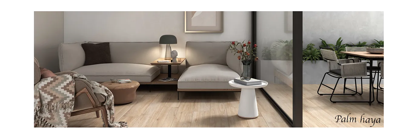 Carrelage sol imitation parquet Palm Haya beige clair pour le salon