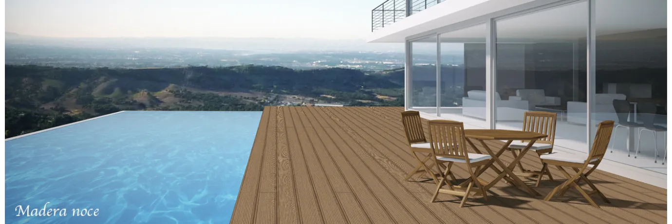 Carrelage sol extérieur effet bois Madera Noce marron foncé pour la terrasse extérieur et le contour de la piscine