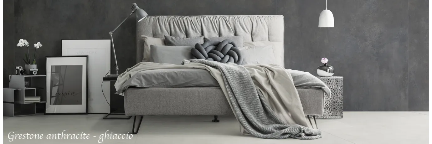 Carrelage fin Grestone ghiaccio blanc grisé pour le sol de la chambre et anthracite pour le mur