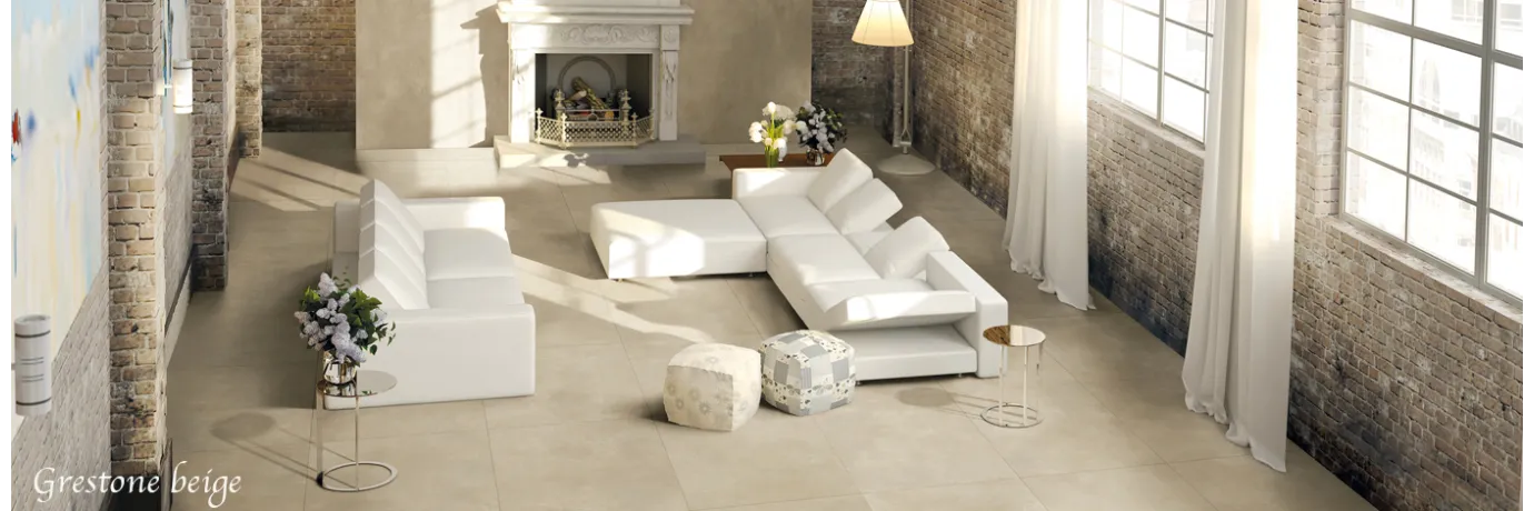 Carrelage intérieur fin sol Grestone beige pour le salon
