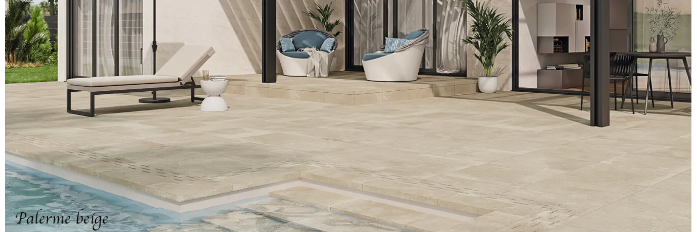 Dalle extérieur effet pierre naturelle Palerme 2.0 beige pour le contour de la piscine