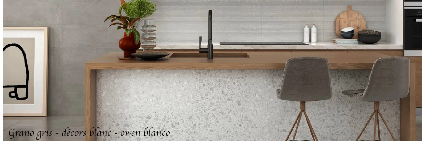 Carrelage mur Grano owen blanco effet terrazzo et décor blanco pour la cuisine style rétro