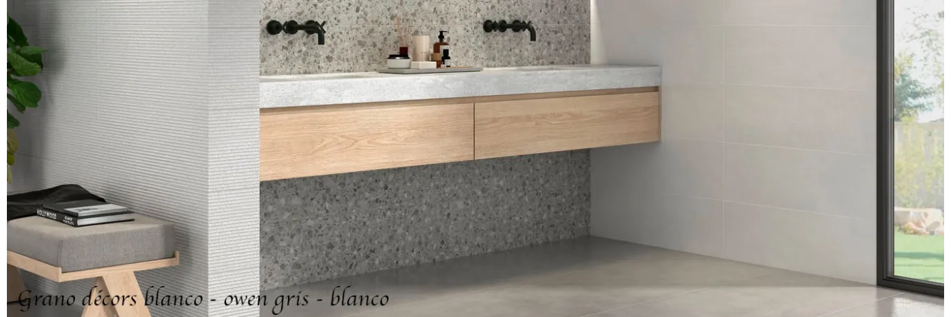 Carrelage mur Grano owen gris et décor blanc pour les murs de la salle de bain