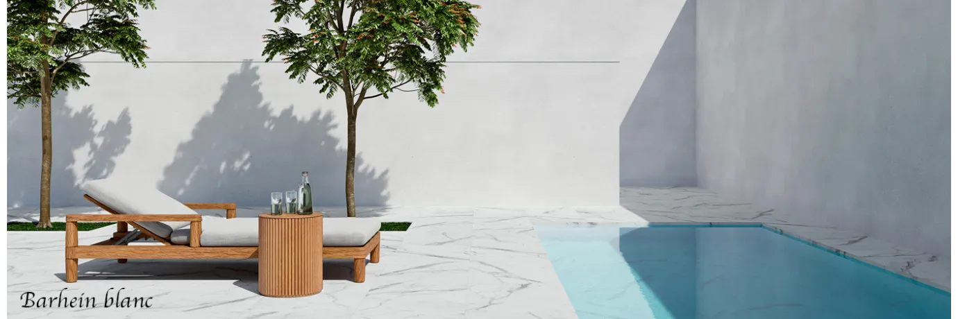 Dalle extérieur Barhein 2.0 Blanc effet marbre pour le contour de la piscine