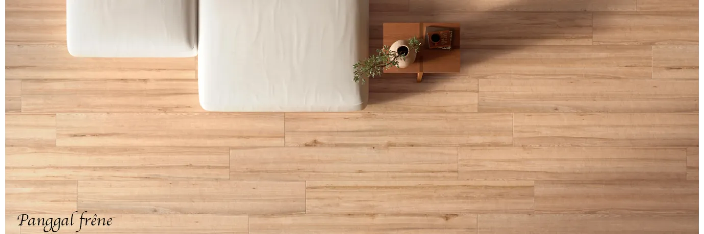 Carrelage sol extérieur effet bois Panggal frêne couleur beige clair pour la terrasse