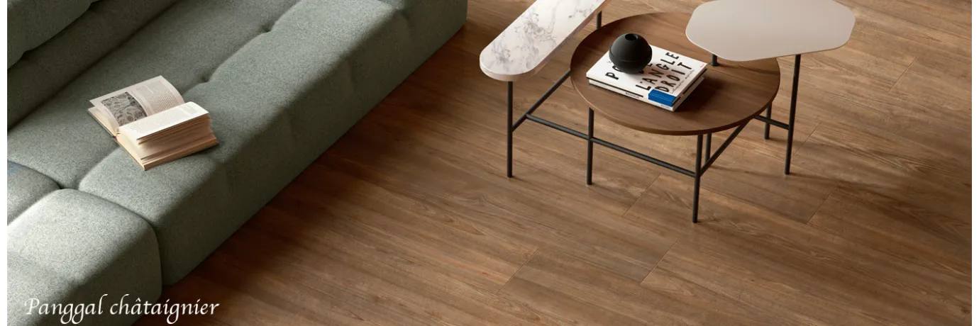 Carrelage sol imitation parquet Panggal Châtaignier marron pour le salon style déco classe
