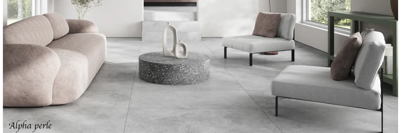 Carrelage sol effet béton Alpha perle pour le salon style déco classe