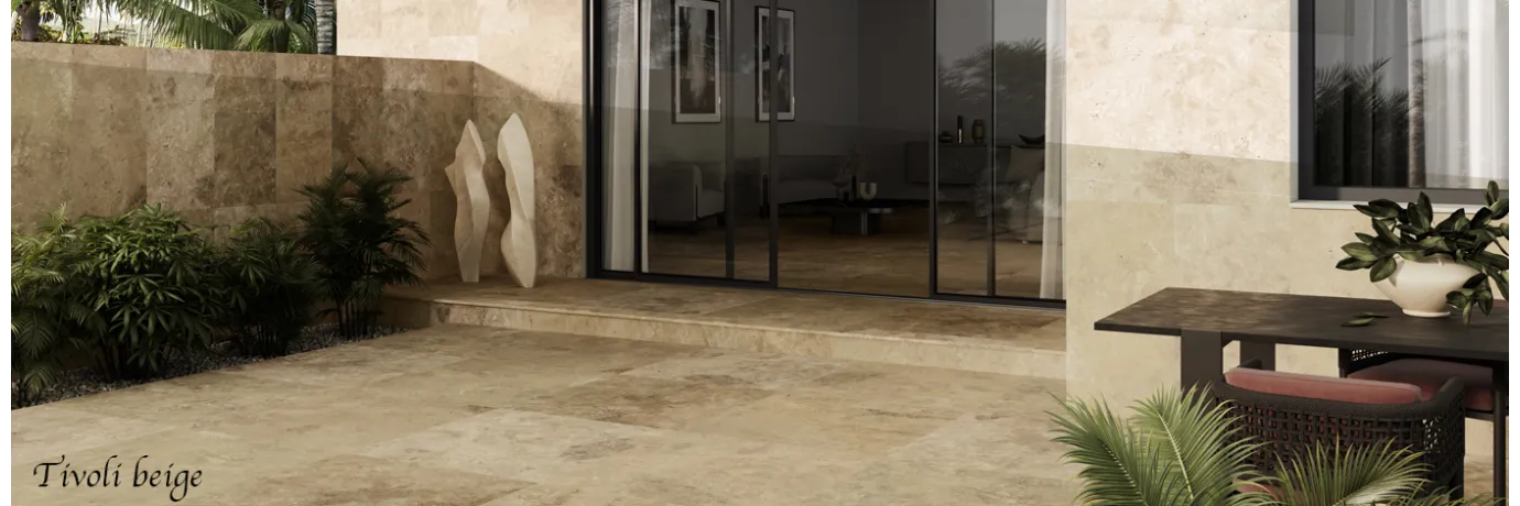 Carrelage sol extérieur effet travertin Tivoli beige pour la terrasse 