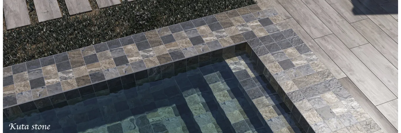 Carrelage extérieur effet pierre de bali Kuta stone petit format pour l 'intérieur et le rebords de la piscine