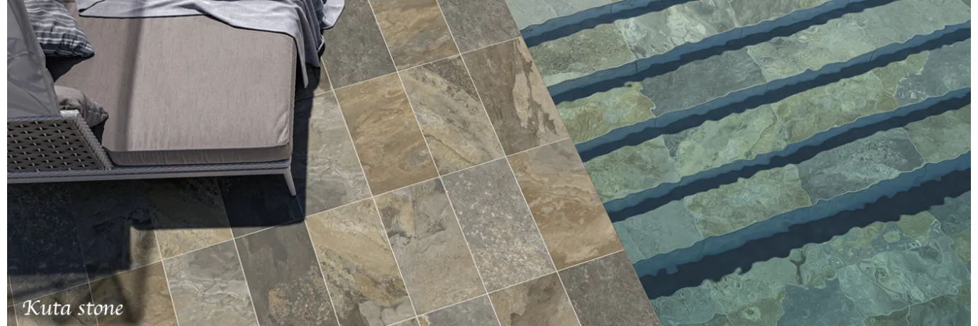 Carrelage extérieur effet pierre de bali Kuta stone grand format pour le rebords de la piscine