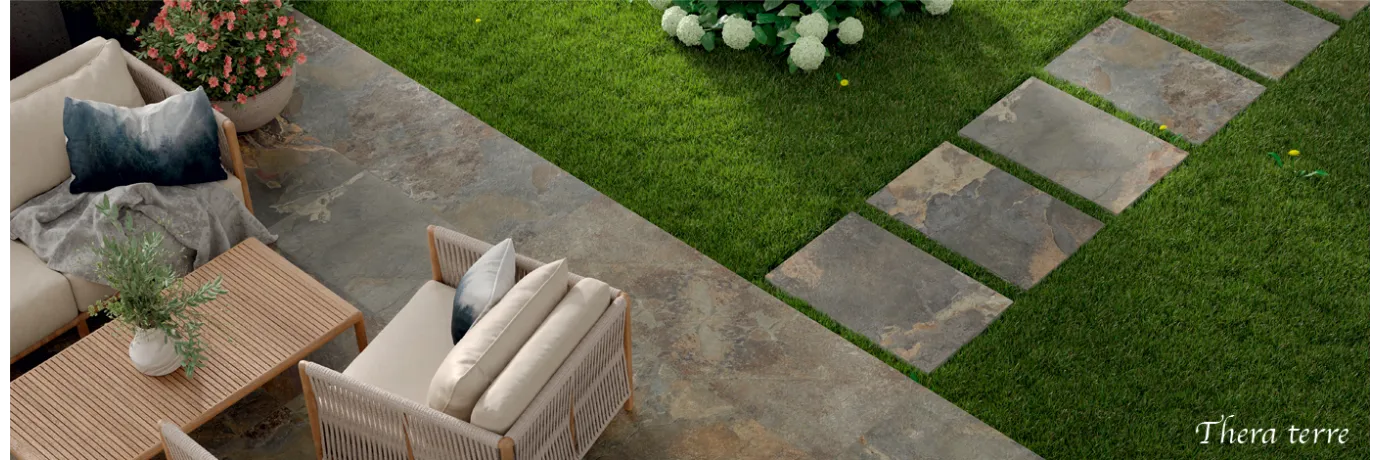 Dalle terrasse Thera terre dans les teintes marron pour le salon de jardin style pierre de bali