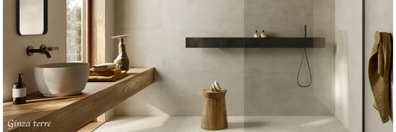 Carrelage sol effet béton Ginza terre couleur gris beige pour la salle de bain style nature
