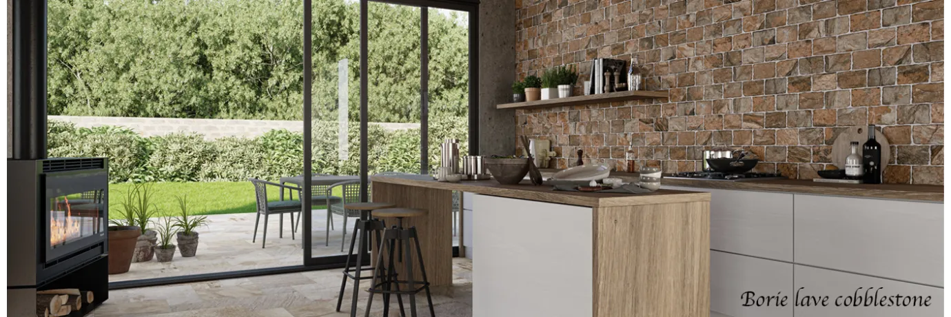 carrelage pierre de parement briquette borie lave cobblestone couleur ocre marronpour le mur du salon