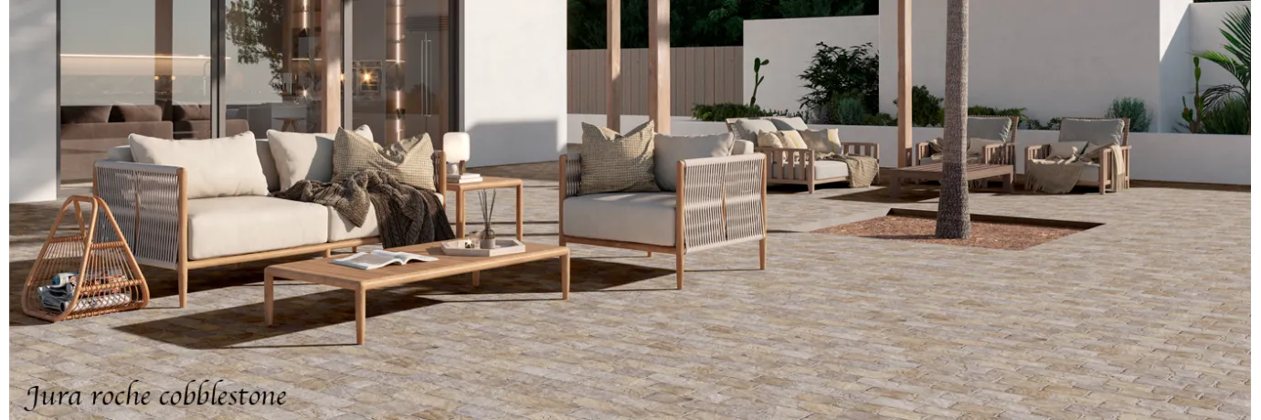 Carrelage extérieur effet pierre Jura roche cobblestone beige pour la terrasse 