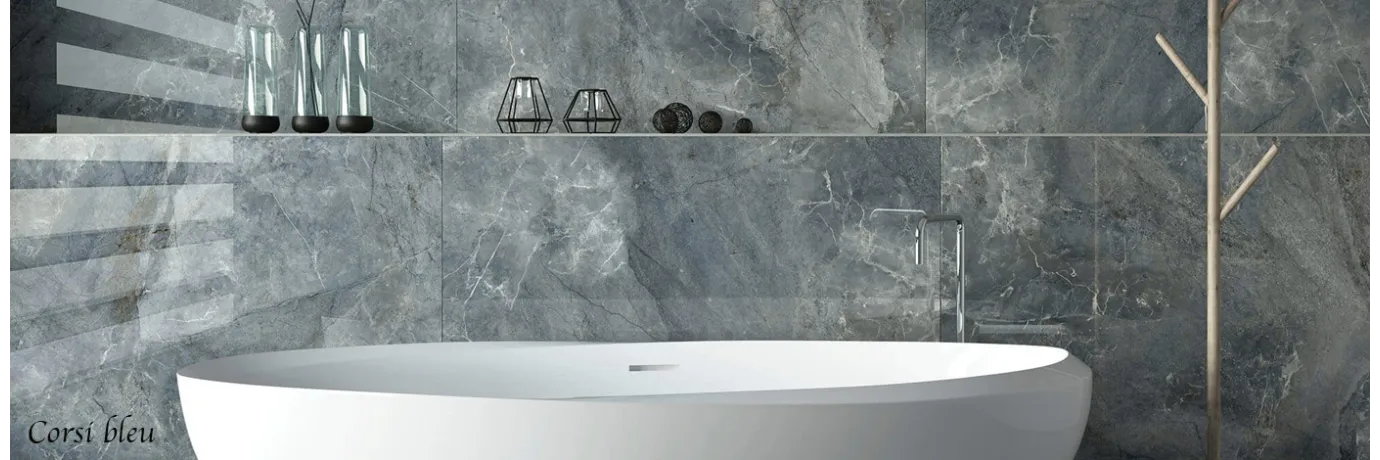 carrelage sol poli effet marbre corsi bleu pour la salle de de bain 
