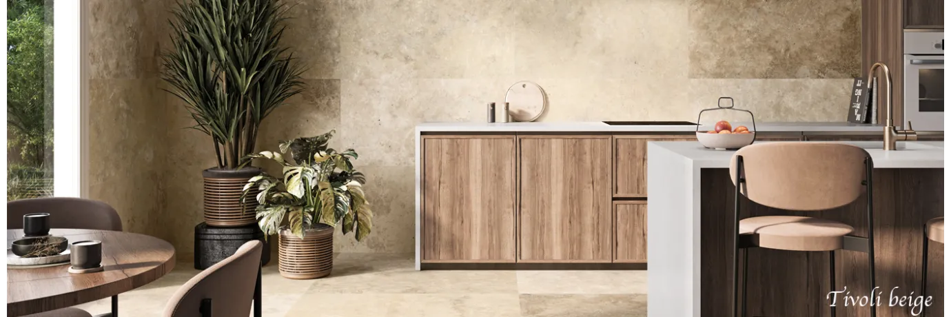Carrelage intérieur effet travertin Tivoli beige pour la cuisine 