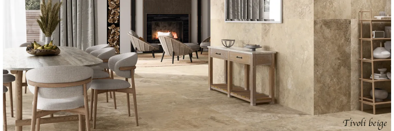 Carrelage intérieur effet travertin Tivoli beige pour le salon 