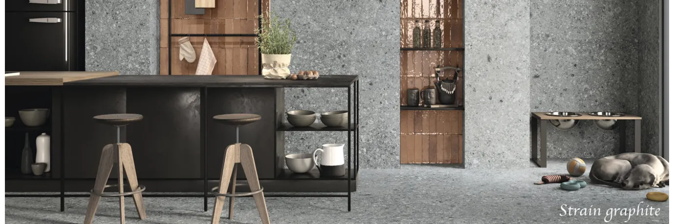 Carrelage effet Terrazzo Strain graphite pour le mur et e sol de la cuisine